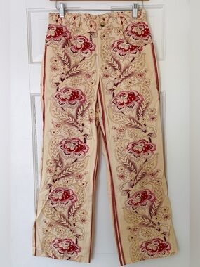 Anthropologie Beige Floral Embroidered Ankle Pants with Red Accents